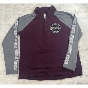 Victoria Secret Pink Zip Front Sweatshirt Burgundy/Gray Sz Medium